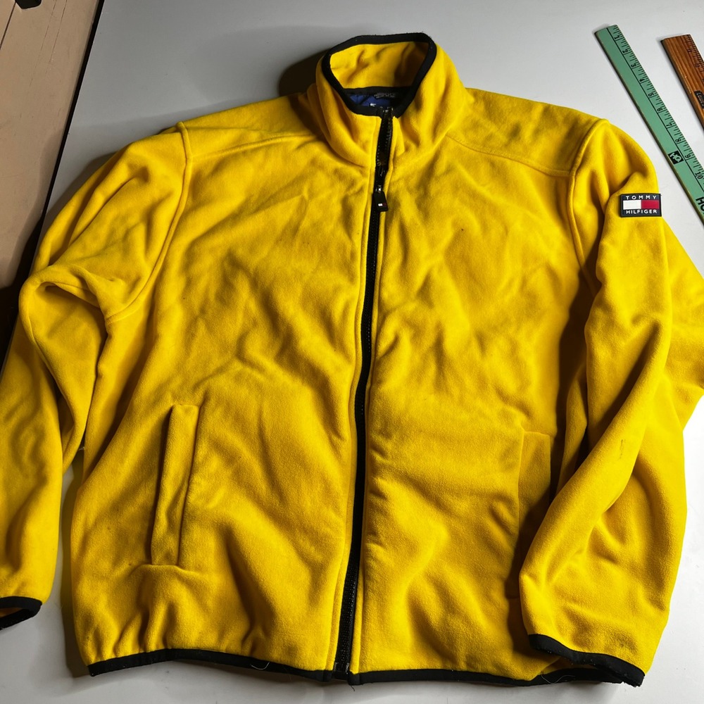 Tommy Hilfiger Vintage Yellow Fleece Jacket Full Zip Mens Large Flag Logo Patch